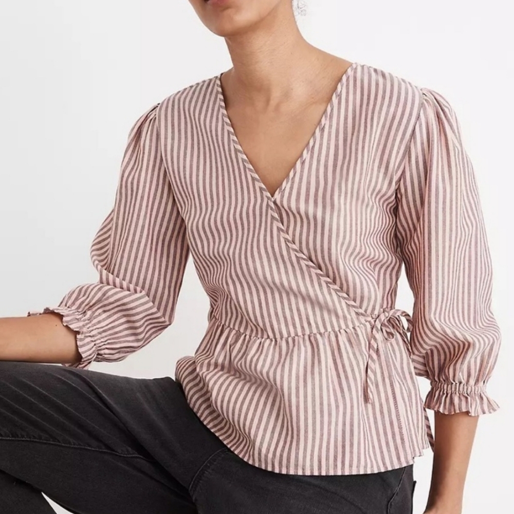 Madewell Pink Striped Wrap Blouse Medium